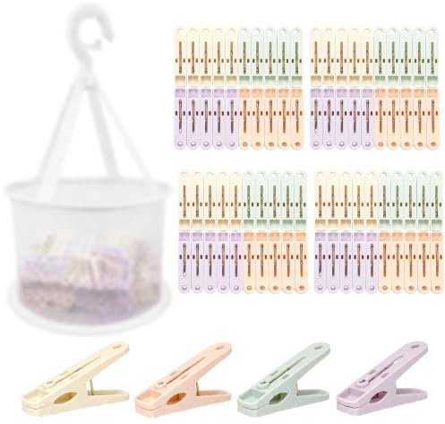 80 Stück Wäscheklammern mit Korb Bunte Winddichter Wäscheklammern Ohne Abdruck Atmungsaktives Mesh Klammerkorb, Clothes Pegs for Washing Line