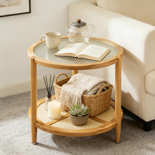 Generisch Beistelltisch Rund aus Bambus 2-Ebenen Sofatisch mit Glasplatte und Rattanablage Boho Nachttisch Kleiner Couchtisch für Wohnzimmer Schlafzimmer Balkon