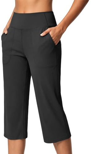 Yareoner Damen Capri Sport Leggings Sommer High Waist Weites Bein Stretch Gummizug Blickdicht 3/4 Yogahose Mit Taschen Business Elegante Anzughose 7/8 Straight Leg Gym Sporthose Sportbekleidung