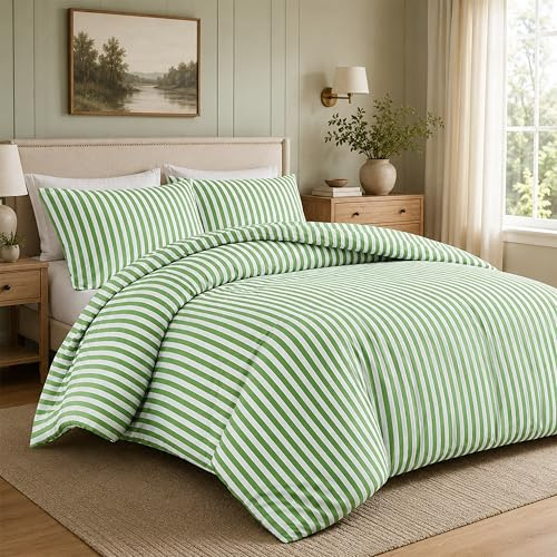 Olivia Rocco Malham Stripe Double Duvet Cover Set Soft Microfibre Bedding Reversible Quilted Bed Sets with Pillowcases (Sage Green, Double)