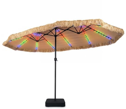 GOPLUS Sombrilla Doble Paja con Base (Natural+Luces LED, 450x280 cm) | Parasol Playa Hawaiana con 12 Varillas,12 Modos de Luz de Colores,Manivela, Pestillo de Seguridad Regulable, para Terraza