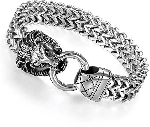 Flongo Herren Löwe Armband Edelstahl: schwarz silber gold Wikinger Schmuck Charms Cuban Kette mit Löwenkopf Lion Head Löwen Armkette retro biker Geschenk für Männer Damen breit Weihnachten