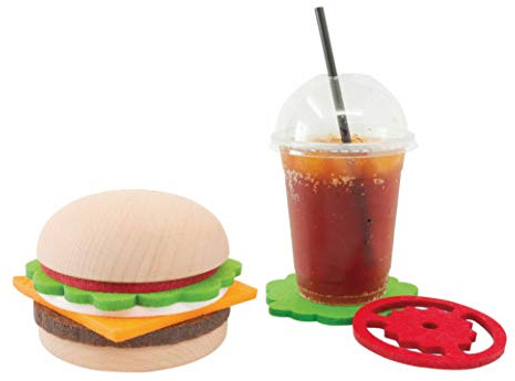 Beyond123 CP8082 Set Hamburger – Una novità Creativa con Un Pratico Uso – 5 sottobicchieri con Supporto in Legno Massiccio, Multicolore, Large