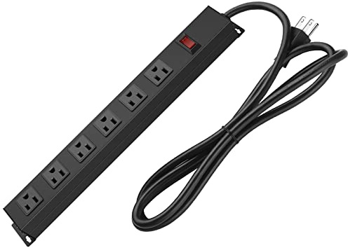 Metal Wall Mount Power Strip, Mountable Power Outlet with 6 AC Outlets, Aluminum Alloy Mount Power Socket with Switch, 6 FT SJT 3/C 14AWG Power Cord, 15A 125V 1875W (6AC) Black