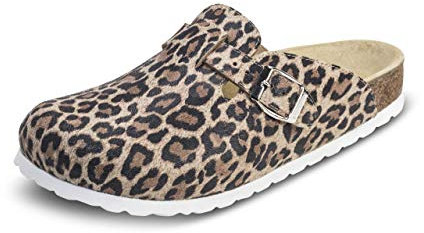 VITAFORM® Zoccoli da Uomo e da Donna, Pelle Pieno Fiore, Plantare anatomico particolarmente ammortizzato, purissimo Sughero Naturale, Scarpe Fatte a Mano, Leopardo 40