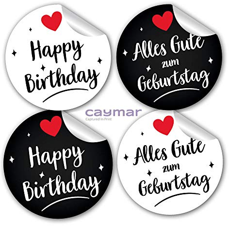 24 Happy Birthday und Alles Gute zum Geburtstag Aufkleber Sticker aus Papier in rund weiß schwarz mit Herz für Geschenk Glückwunsch Kinder Erwachsene | mit Herz