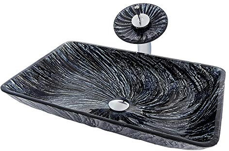 HomeLava Aufsatzwaschtisch, rechteckig, aus Hartglas, Waschbecken für Badezimmer, WC mit Wasserhahn, Wasserfall, Schwarz, 46 x 33 x 10 cm/57 x 37 x 11 cm