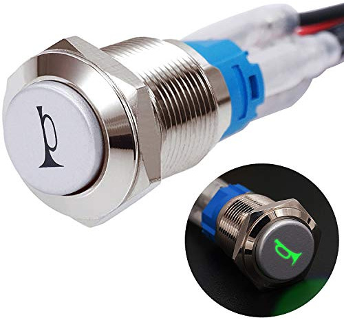 mxuteuk 16MM Raised Speaker Horn Momentary Push Button Schalter 5/8 Montageloch 12V Grün LED-Licht Silber Edelstahlgehäuse 1NO 1NC SPDT, Autoschalter mit vorverdrahtet Für Auto Modification G16LB-G