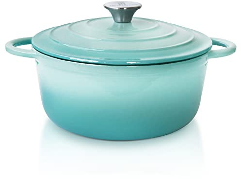 Trustmade Horno holandés de hierro fundido de 3 cuartos de galón, olla de utensilios de cocina recubierta de esmalte con tapa autountable para hornear en casa, estofar, cocinar, aguamarina