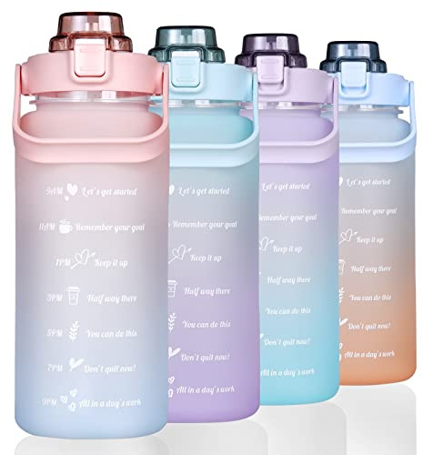 Large Motivational Water Bottle with Straw Time Marker BPA Free for Sport and Fitness (Pink Blue, 64 Oz / Half Gallon)