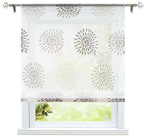 ESLIR Raffrollo Küche Raffgardine mit Tunnelzug Bändchenrollo Voile Gardinen Transparent Vorhänge Kreis-Motiven Modern Braun BxH 120x140cm 1 Stück