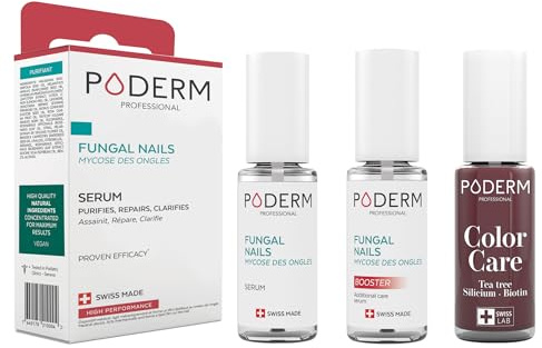 PODERM - 3 PRODOTTI - MICOSI DELLE UNGHIE TRATTAMENTO 3 in 1 | Smalto colorato Rosso dark TEA TREE | BIO | Trattamento professionale mani/piedi | Facile e rapido | Swiss Made