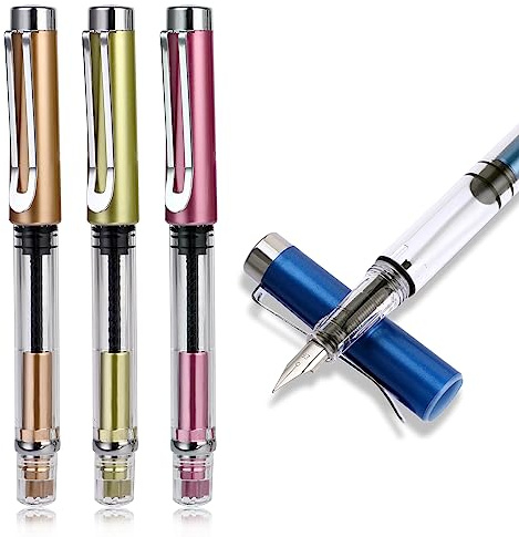 Bewudy 4 Pcs Refillable Fountain Pen Transparent Caligraphy Pens for Writing Upgrated Extra Fine Nib Piston Filling Fountain Pen