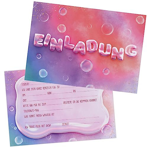 12 Aquarell Luftbläschen Einladungskarten zum Kindergeburtstag 14,8x10,5cm Geburtstag Party Einladung Einschulung für Mädchen und Jungen Geburtstagseinladungen Kinder Geburtstagsfeier Kinderparty