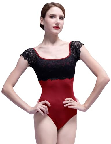 s.lemon kortärmad fyrkantig hals balett bodysuit spetsdans trikåer för tonåringar och kvinnor ballerina, Röd, L
