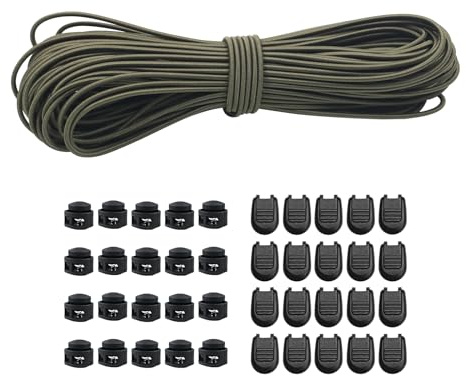 Cordoncino elastico in gomma da 30 m, 3 mm, elastico rotondo, con 20 cerniere lampo, 20 pezzi, doppio foro primavera per zaino, lacci (verde scuro, 3 mm x 30 m)