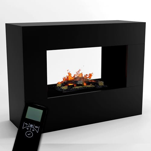 GLOW FIRE Wasserdampf Kamin KONSALIK (Standkamin) - Elektrokamin mit realistischen LED 3D-Flammen, Knistereffekt & Fernbedienung, 120x90x45 cm - Opti-Myst 600 Elektro Kamin mit Holz-Deko, Schwarz