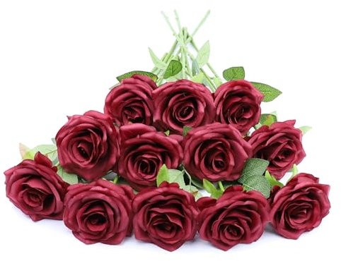 NEVISI Künstliche Rosen, künstliche Rose, Seidenrose, echt aussehende Kunstblumen mit Stielen für selbstgemachte Hochzeitssträuße, Tische, Tafelaufsätze, Blumenarrangements (12, Burgunderrot)