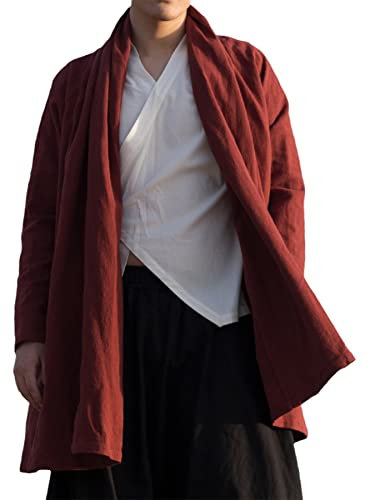 PTATT Chinesische Mitte Länge Tang Anzug Baumwollwäsche Hanfu Männer Umhang Retro Zen Kleidung Taoistische Robe Kleid red-L