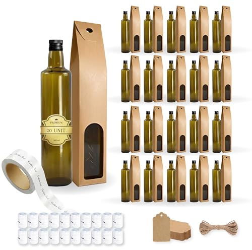 Espirito Rebelde - 20 botellas de vidrio oscuro 500 ml con tapón de rosca negro + 20 cajas + 20 sellos + 20 etiquetas personalizadas + 20 etiquetas Kraft + cuerda - aceite de oliva, vinagre - aceitera