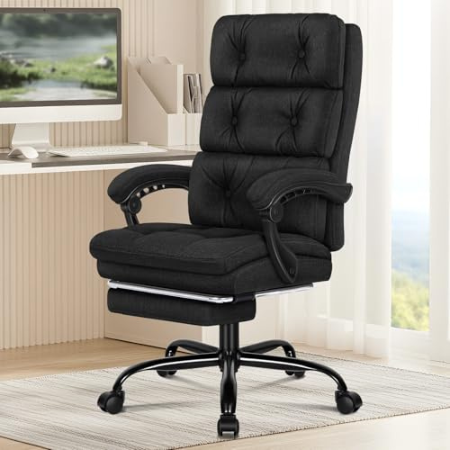 ALFORDSON Chaise de Bureau avec Rembourrage Double Couche, Chaise de Bureau D'ordinateur avec Repose-Pieds, Dossier Haut Inclinable à 150°, Fonction D'inclinaison, Tissu en Lin, Noir