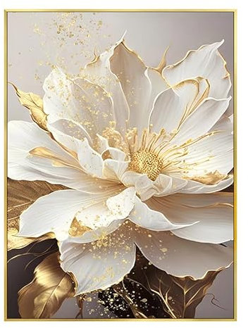 GIBOH Poster und Drucke, modisches Blattgold, weiße blühende Blumen, Moderne Wandkunst, luxuriöse Leinwandmalerei, ästhetische Bilder für Heimdekoration, 50 x 70 cm x 1, ohne Rahmen