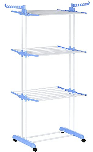 HOMCOM Tendedero Plegable para Ropa con Ruedas Tendedero Vertical de Acero Tipo Torre de 3 Niveles con Alas Plegables y Colgadores Giratorios Carga 70 kg 73x64x172 cm Azul y Blanco