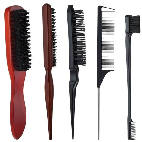 cobee 5 Pcs Slick Back Hair Brush Set, Bristle Hair Brush Edge Control Brush Teasing Comb, Wax Stick for Hair & Wig Flyaways, For Smooth Hair Parting Smooth Flyaways