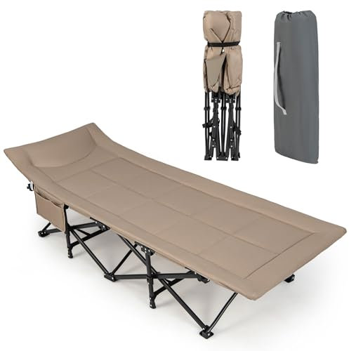 SOARS Feldbett klappbar, Campingbett mit integriertem Kopfkissen, Klappbett mit Seitentasche & Tragetasche, Campingliege bis 200 kg belastbar für Indoor, Outdoor, 190 x 69 x 48,5cm (Khaki)
