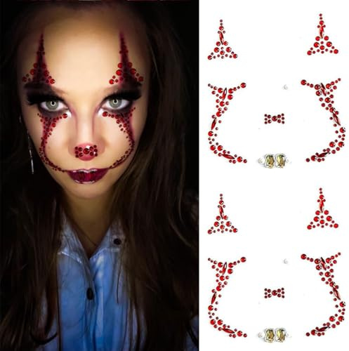 Aufkleber Gesicht Glitzersteine 2 Stück Strasssteine Clown Tattoo Selbstklebend Rote Face Jewels Gesichtsaufkleber für Halloween, Karneval, Tag der Toten, Kostümfeste Make-up