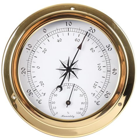 YHJLZNA Weather Station Set,High-Precision Barometer,Clock,Thermometer, Hygrometer,Tidal Clock,Brass Case 145mm Marine Accessory,Suitable for Hotels,Warehouses,And Offices(Color:Wet thermometer)