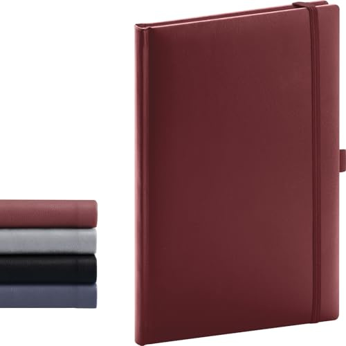 NOTIQUE Anteckningsbok linjerad, inbunden anteckningsbok, anteckningsbok, dagbok med gummiband och pennhållare 15 x 21 cm, 192 sidor (vinrött, linjerat)