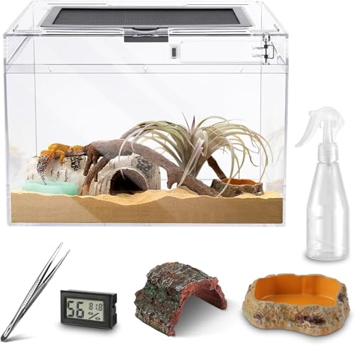 Reptile Terrarium,30x18x23 cm Reptile Tank Top Sliding Door Screen Ventilation Mini Habitat Cages, Hygrometer Thermometer, Hide Cave, Vines, Tweezer, Sprayer