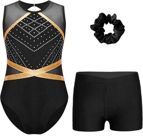 Miutii 3Pcs Mädchen Turnanzug Glitzer Gymnastikanzug mit Shorts Haarband Ärmellos Ballettanzug Ballett Trikot Leotard Wettbewerb Gymnastik Kleidung A Schwarz 146-152