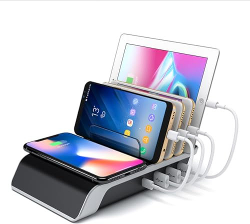 5 Port Charging Dock, 5-in-1 Charging Station with Wireless Qi charger Pad for ipad iphone multiple devices watch tablet stand bedside docking usb 3 USB 1 Type c 1 wiress port