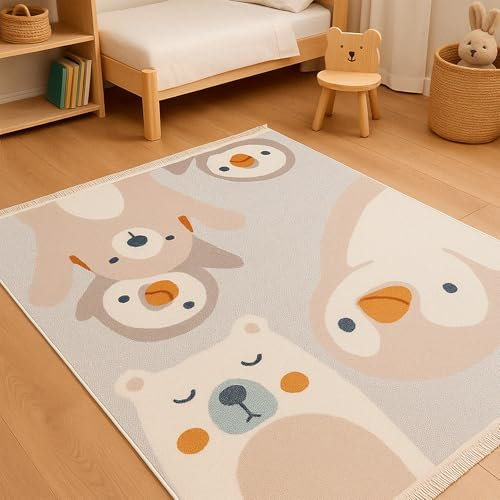 RUGURA Alfombra Infantil Habitación Niña Niño Dormitorio Animales Ositos Nubes Estrellas Arcoiris 120x170cm Gris Beige