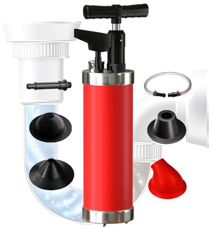 Qcesorib Pressluft Rohrreiniger mit 4 Saugnäpfen, Hochdruck Toilettenkolben mit Optischem Manometer, Abflussreiniger Pumpe, für Waschbecken Toiletten Badezimmer Dusche Küche, Rot