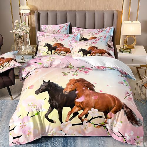 RZPFQB Horse Print Flower Kids Single Duvet Cover Set Girls Horses Pink Floral Childrens Single Bedding for Boys and Girls Blossom Dark horse Brown horse Cherry Blossom Single Bed Duvet Cover Set