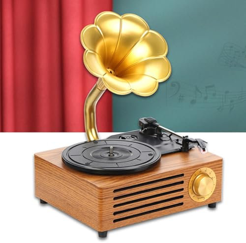 Vintage Gramophone with Wireless Bluetooth Function and Built-in Stereo Speakers, Horn Shape Vinyl Record Player for Hotels, Clubs, Bars - SD Card Player, 33/45/78 3 Speeds