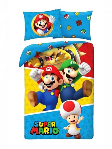 Bettwäsche-Set Super Mario mit Luigi Toad Bowser – Bettbezug 140 x 200 cm mit Kissenbezug 70 x 90 cm – 100 % Baumwolle, mehrfarbig