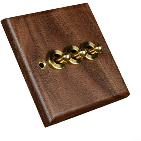 Feegow for TOGGLE Switch - Black Walnut Solid Wood Screwless for TOGGLE Light Switch - Brass Lever Retro Double for TOGGLE Switch - 86X86mm(3 Gang)