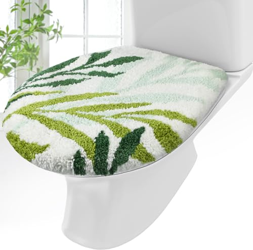 Mindsoft Green Toilet Seat Lid Cover, Microfiber Washable 17.5x15 | Soft Plush Tufted, Rubber Backing Fits Round Elongated Oblong Lids, Machine Washable Non-slip, Bathroom Toilet Bowl