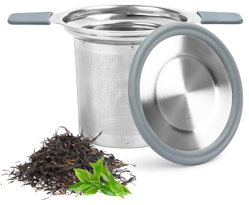 Infuseur à thé inox filtre à thé avec couvercle et poignée anti-brûlure, passoire à thé réutilisable pour tasse de théière