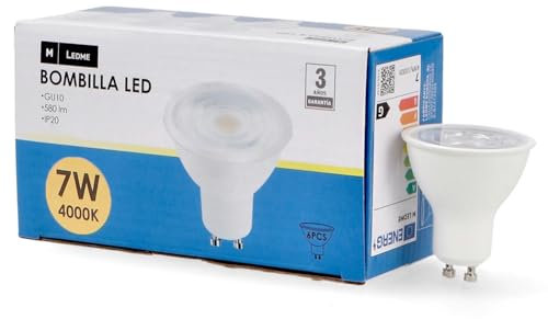 M Ledme - Pack 6, Bombilla Led Gu10 Smd Plus 7W, Luz neutra (4000k), casquillo Gu10, 580 Lumen, IP20, Apertura del Haz de Luz 60°, Eficiencia energética y Bajo Consumo. LM7614