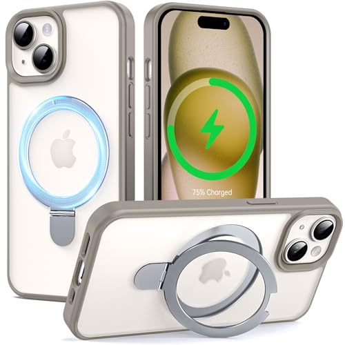 Supdeal Magnetic Stand Case for iPhone 15 with Invisible Ring Kickstand [Compatible with MagSafe] [Military Drop Protection] Shockproof Protective Translucent Matte Phone Cover, 6.1'', Grey