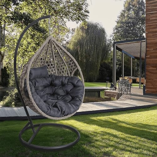 2mGoods hängekorb mit Gestell, Luxuriöser Hängesessel inkl. allergikerfreundlichem Kissen - Hängestuhl mit platzsparender runder Basis, ideal für kleinere Räume Indoor und Outdoor