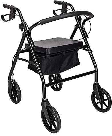 Folding Heavy Duty Rollator Walker with 8 Wheels & Padded Seat - Adjustable Height Mobility Aid for Elderly - Indoor & Outdoor Use - Black - 130kg Capacity