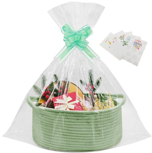 1 Pcs Empty Hamper Basket,Gift Basket with 2 Transparent Bags and 2 Pull Bows for Christmas,Baby Shower,Wedding,Birthday,Easter,Graduations,(14.96 x 9.06 x 5.51 in) (Green 1Pcs)