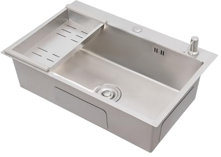 68 x 45 x 20 cm, color plateado, fregadero de cocina de acero inoxidable con escurridor, pequeño lavabo rectangular individual con dispensador de jabón, 1 lavabo de cocina, fregadero empotrable de