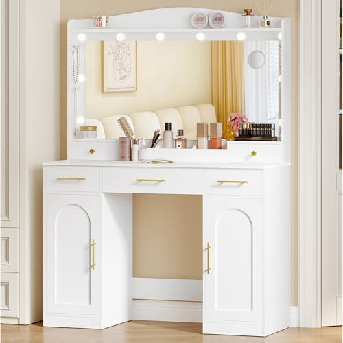 Hzuaneri Dressing Table with Large Mirror, Vanity Desk with 3-Colour LED Adjustable Lights, Bedroom Vanity Table Makeup Desk with 5 Drawers and 2 Storage Cabinets, White-Gold DT41003XUK